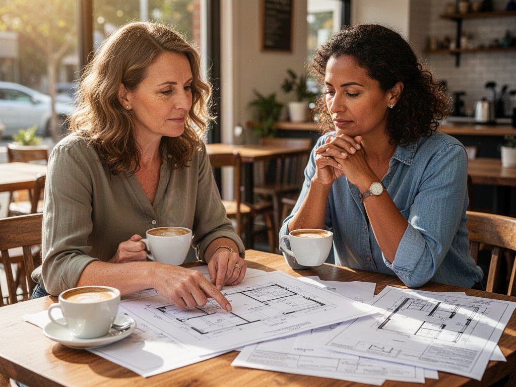 Women reviewing renovation plans together over coffee